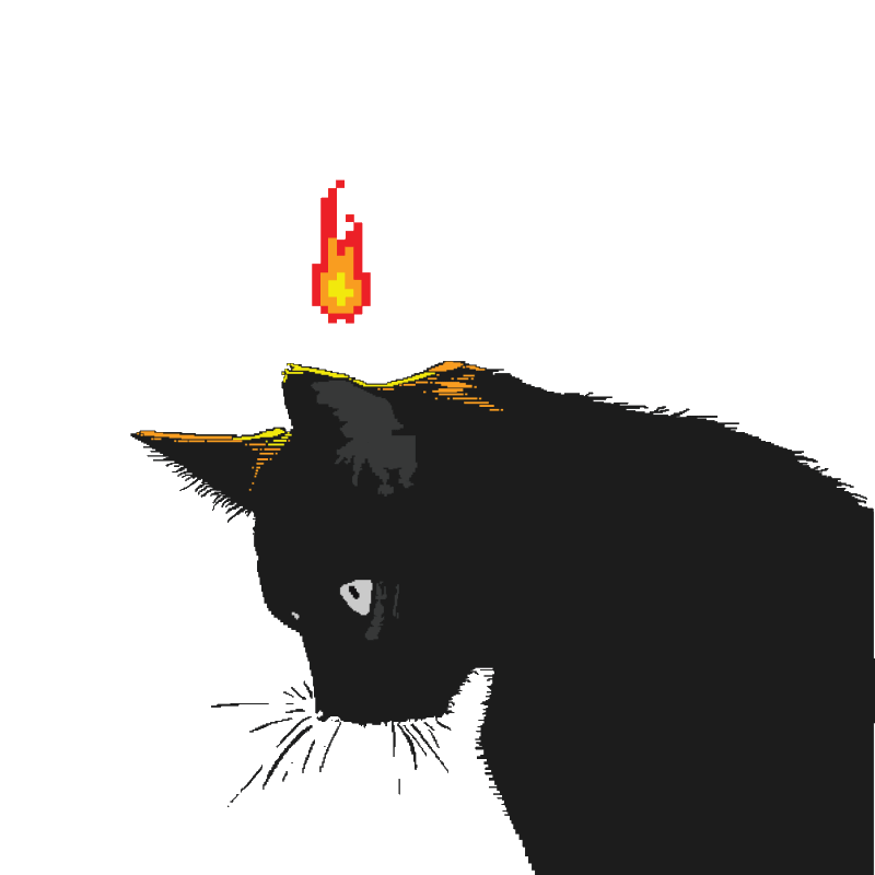 A gif of a black cat blinking with a flame over its head
